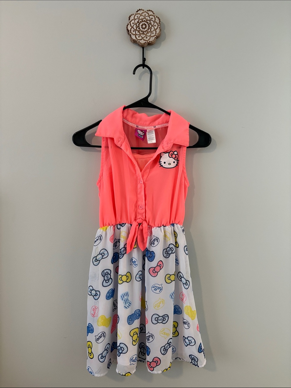 Hello Kitty Neon Coral & White Bow-Print Tie-Waist Dress